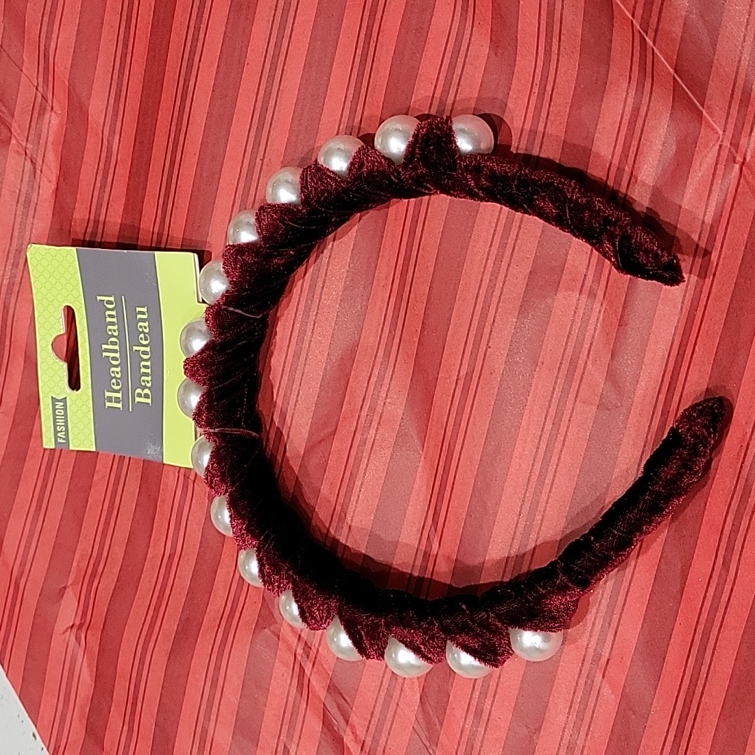Cranberry Red Velvet Wrapped Headband With Large Pearls.